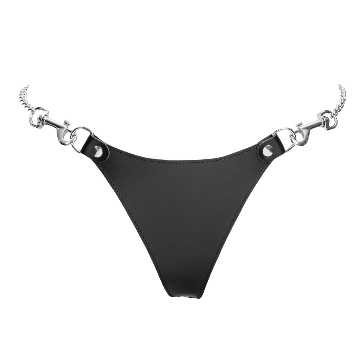 Rimba Bondage Play - Lederen string met afneembare kettingen - Zwart & Zilver