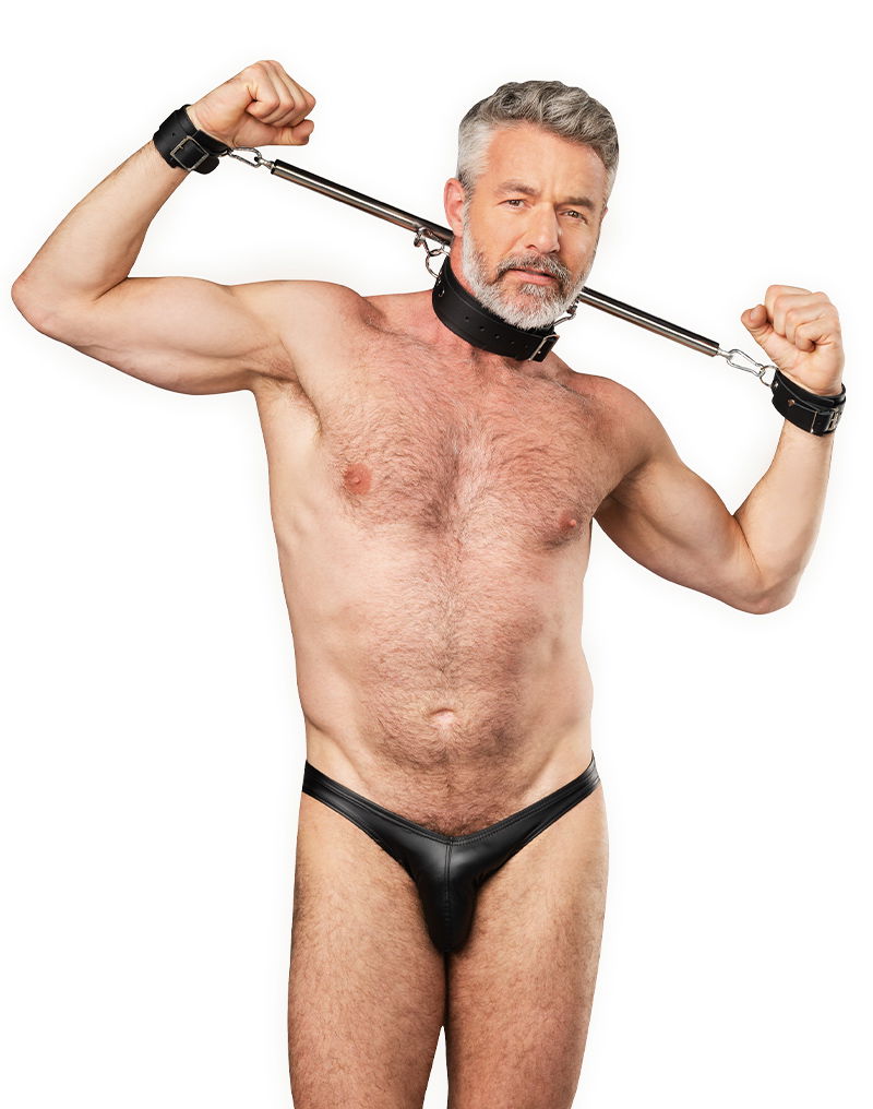 Rimba Bondage Play - Verstelbare spreidstang met nek- en handboeien - Zwart & Zilver