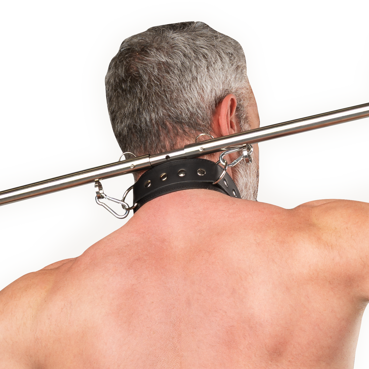 Rimba Bondage Play - Verstelbare spreidstang met nek- en handboeien - Zwart & Zilver