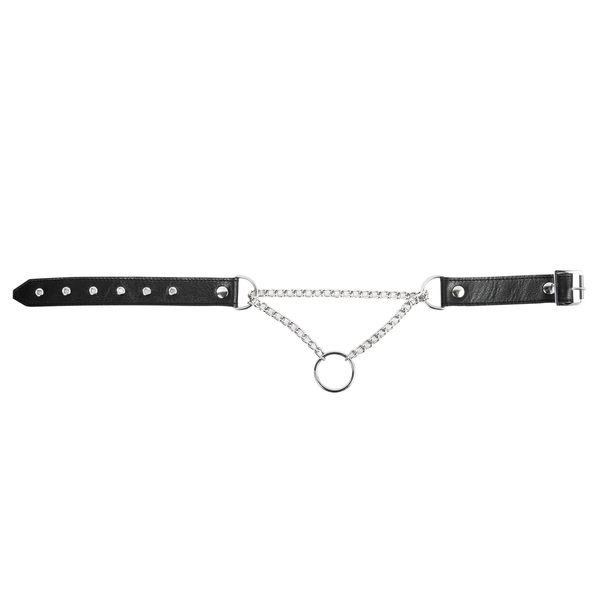 Rimba Bondage Play - Lederen Wurghalsband met O-ring - Zwart & Zilver