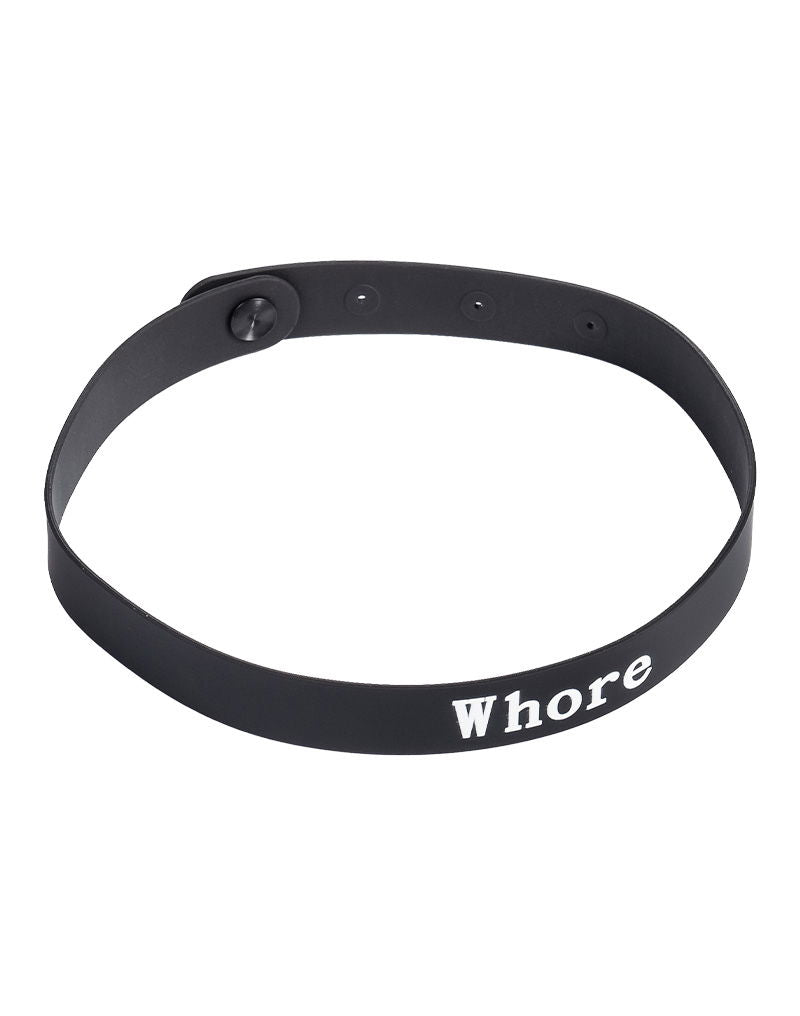 Rimba Latex Play - Halsband met opschrift 'Whore' - Zwart & Wit