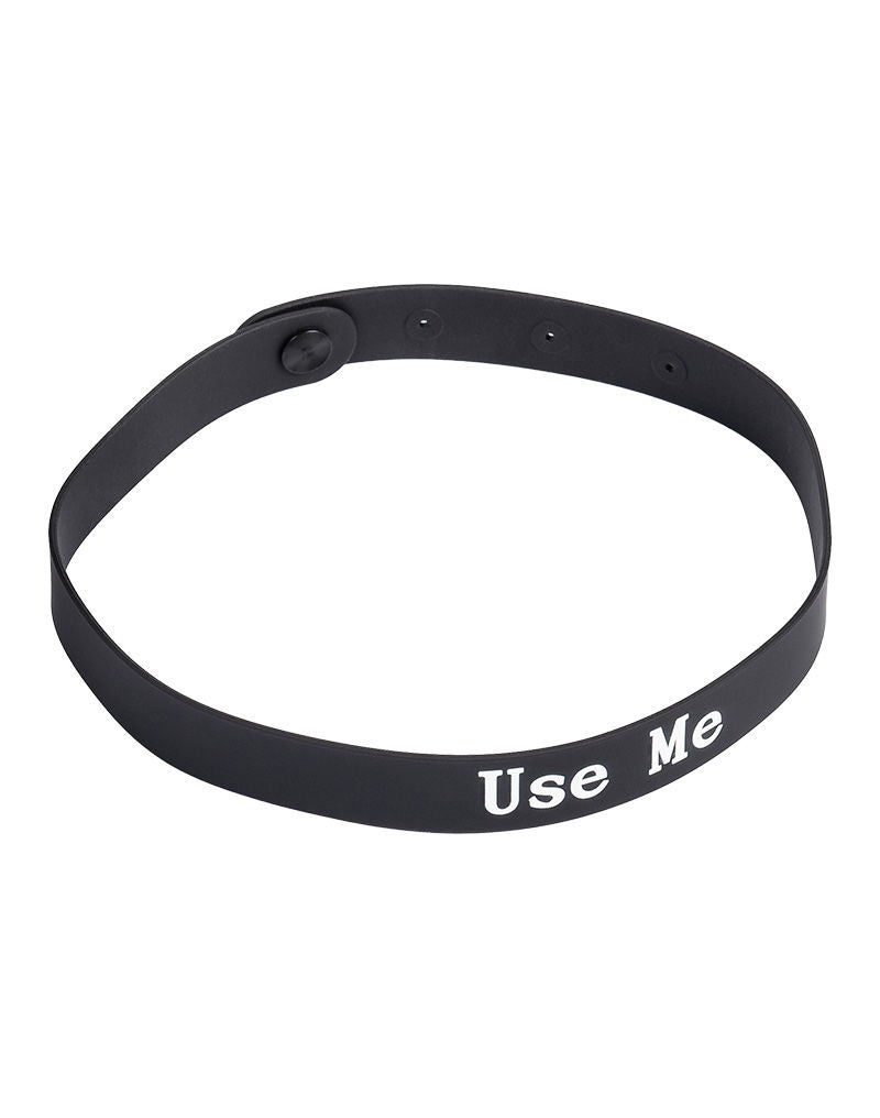 Rimba Latex Play - Halsband met opschrift 'Use Me' - Zwart & Wit