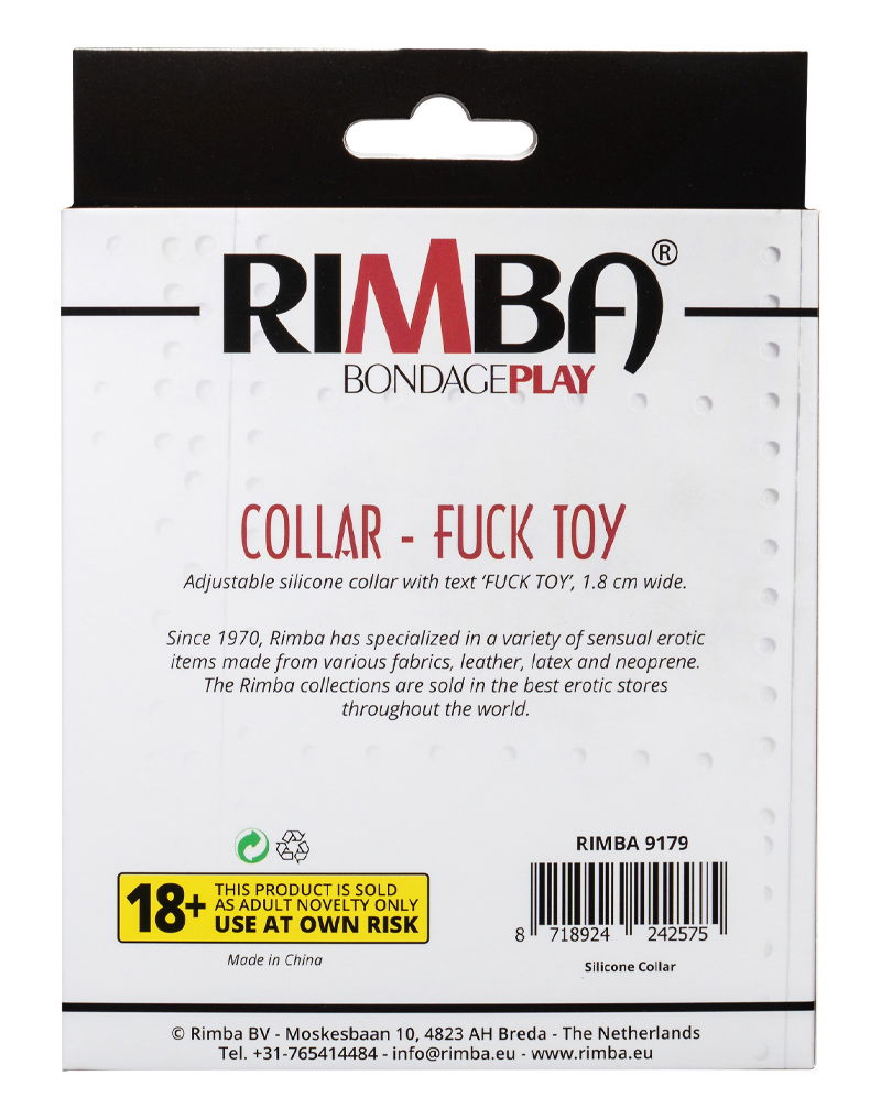 Rimba Latex Play - Halsband met opschrift 'Fuck Toy' - Zwart & Wit
