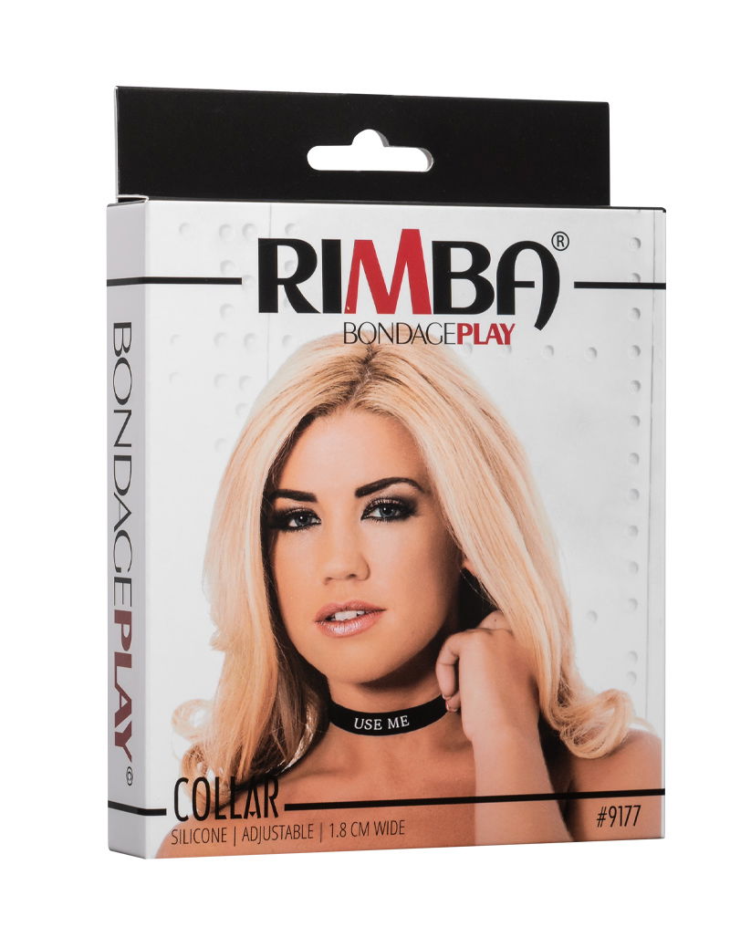 Rimba Latex Play - Halsband met opschrift 'Use Me' - Zwart & Wit