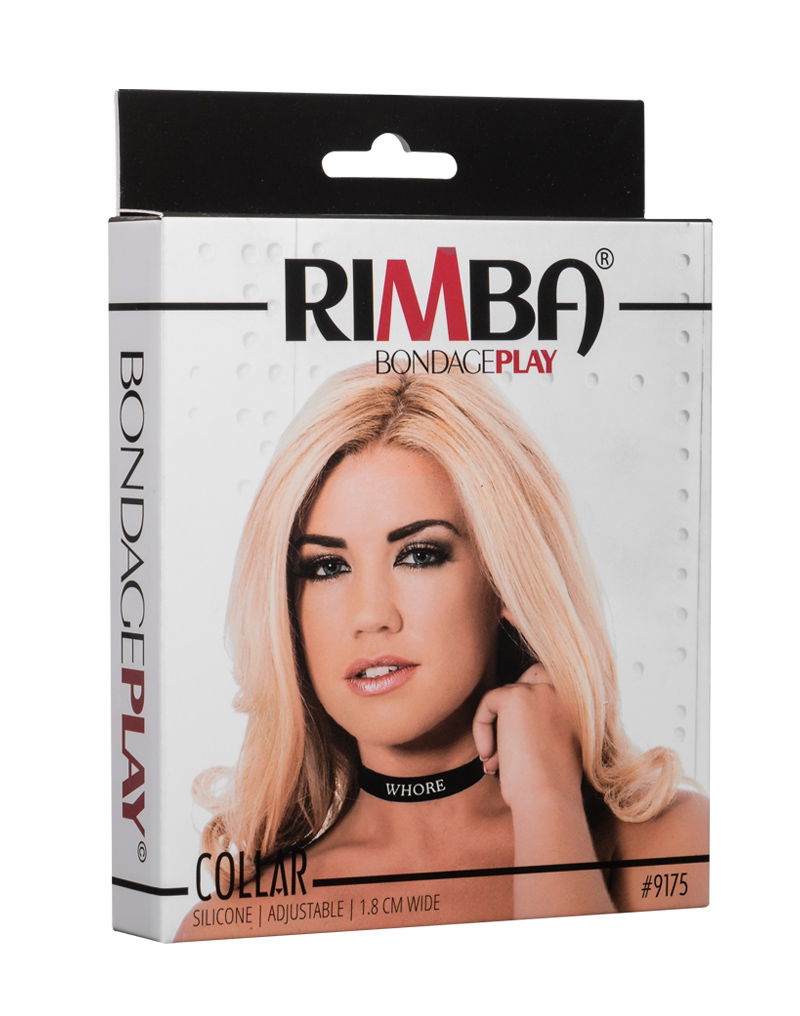 Rimba Latex Play - Halsband met opschrift 'Whore' - Zwart & Wit