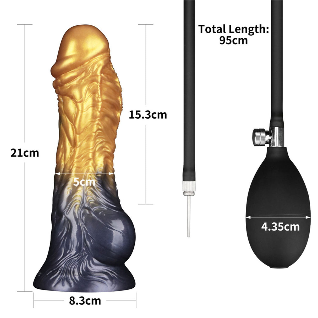 LoveToy - Dual Density Opblaasbare Dildo 8"/ 20 cm - Goud/Zwart
