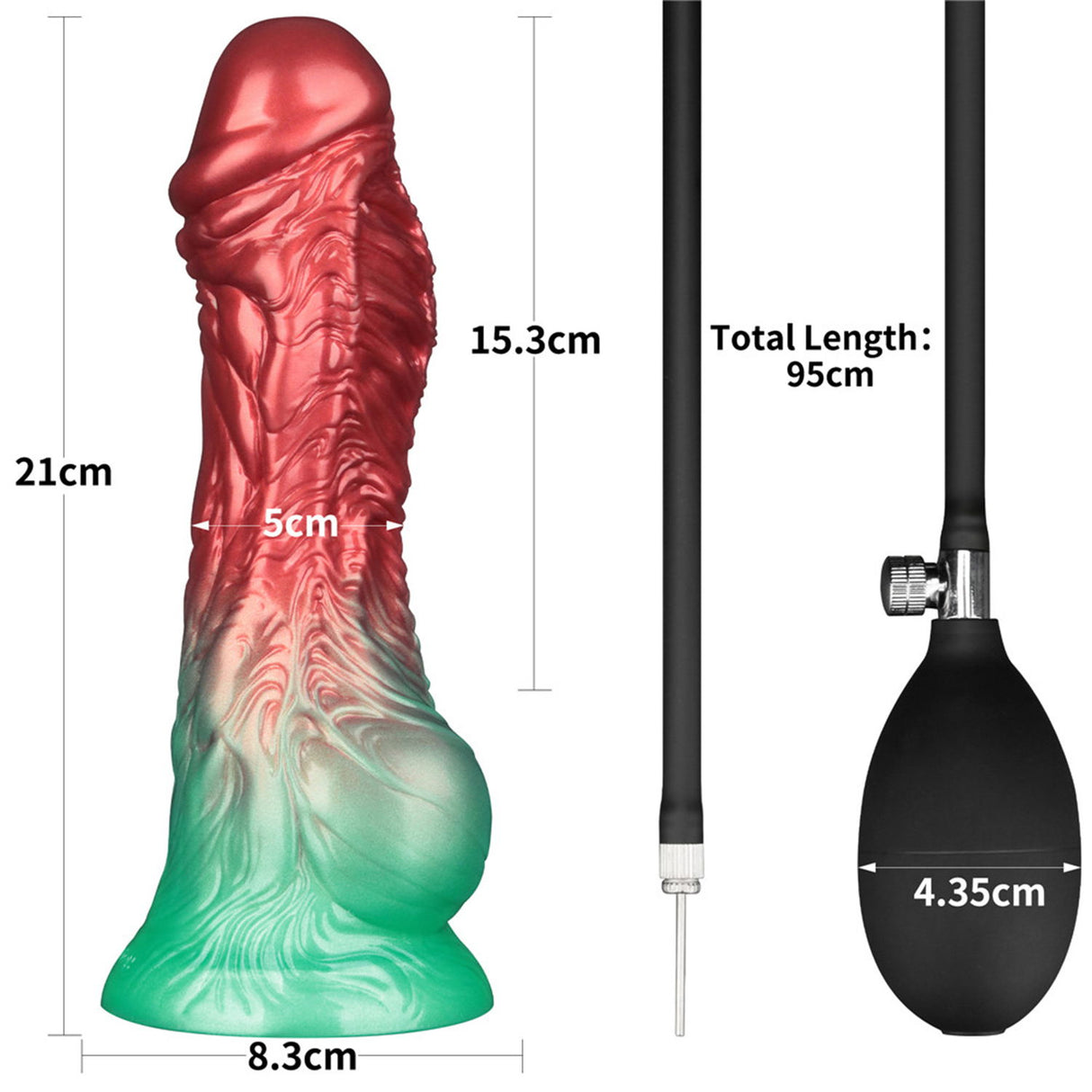 LoveToy - Dual Density Opblaasbare Dildo 8"/ 20 cm - Rood/Groen