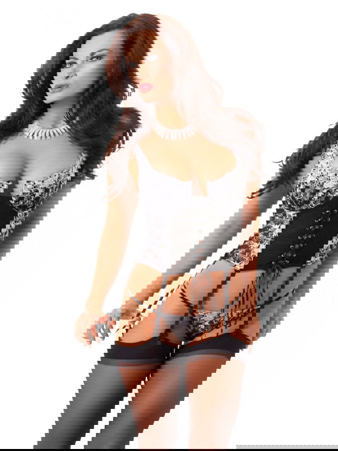 Amorable by Rimba - Corset met G-string en Kousen - Zwart / Wit