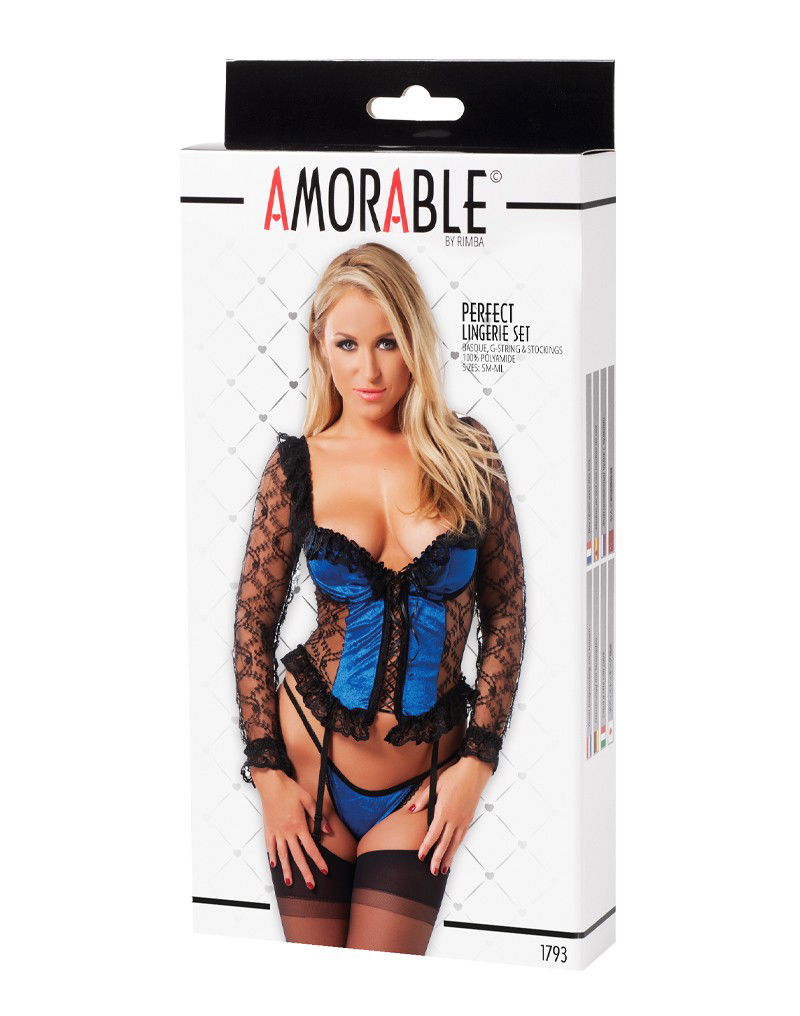 Amorable by Rimba - Korset met Beugels, G-string en Kousen - Zwart / Blauw