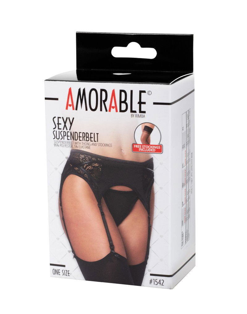 Amorable by Rimba - Jarretel met Slip en Kousen - One Size - Zwart