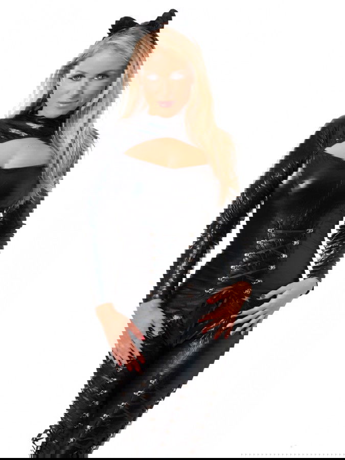 Rimba - Wetlook catsuit met lange Ritssluiting en diadeem