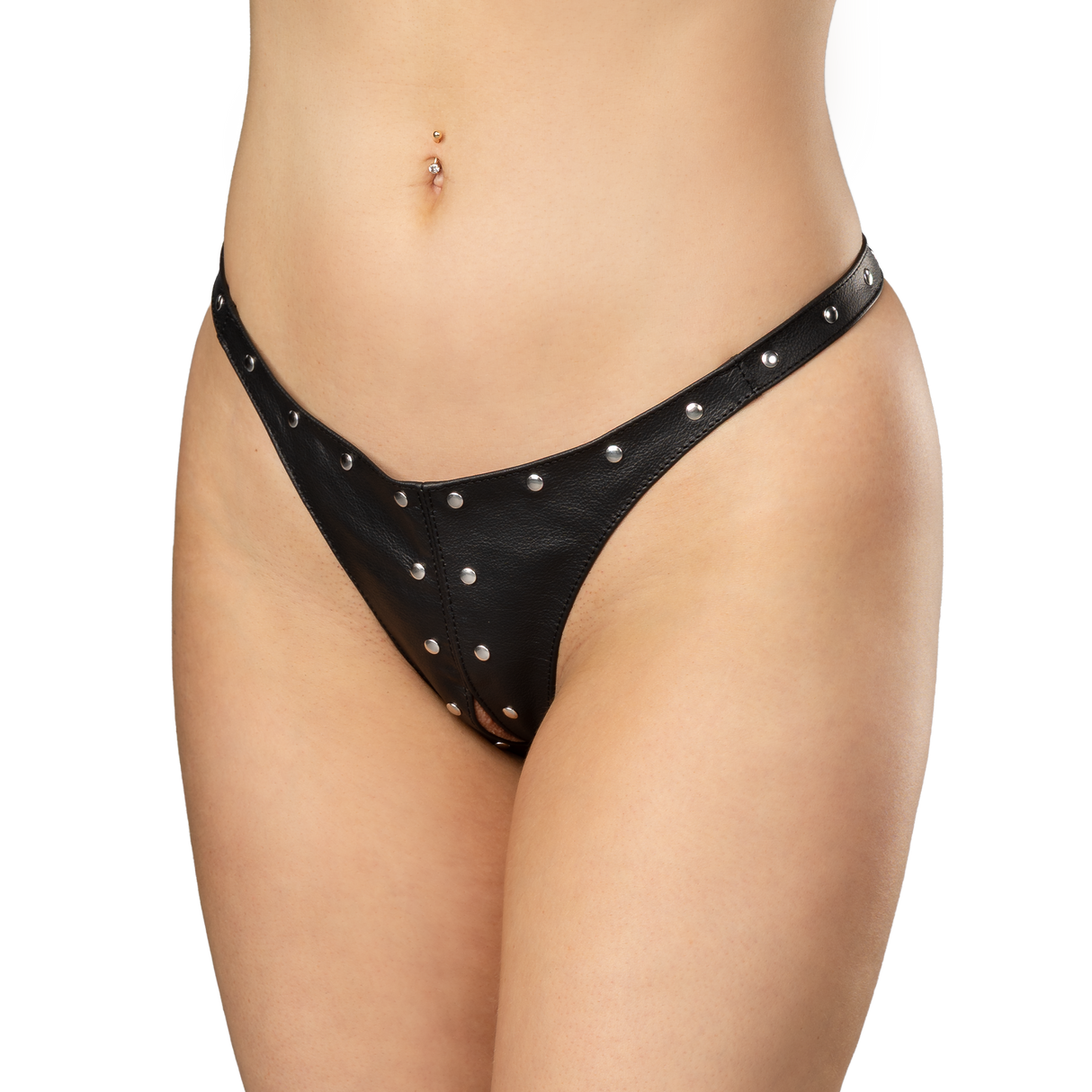 Rimba Bondage Play - Open Lederen String met Decoratie - Zwart