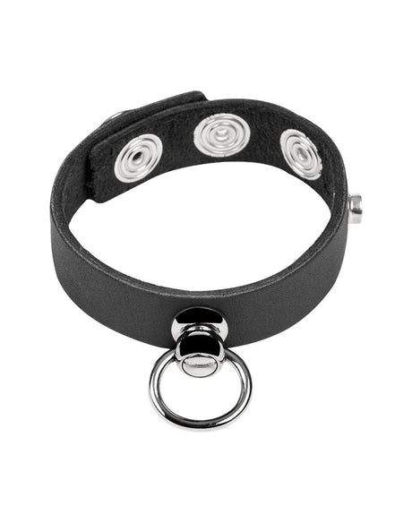 Rimba Bondage Play - Lederen Cockring met Metalen O-Ring - Zwart & Zilver