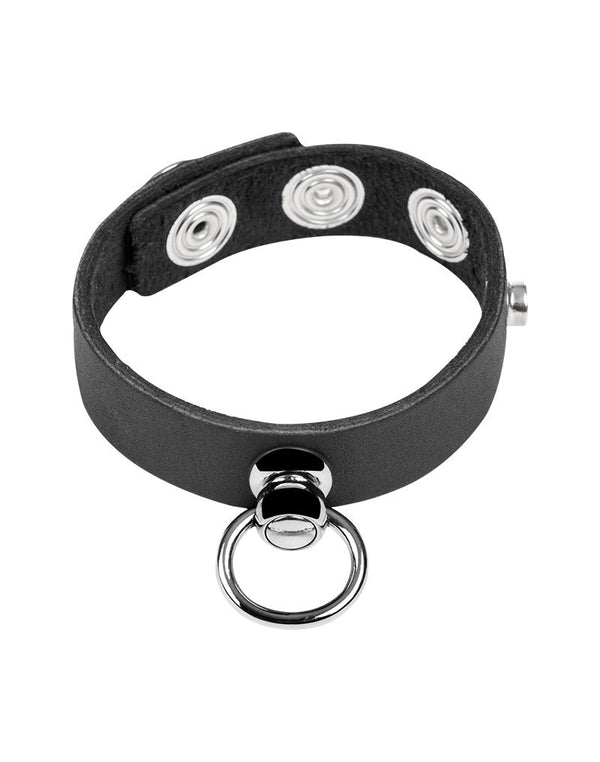 Rimba Bondage Play - Lederen Cockring met Metalen O-Ring - Zwart & Zilver