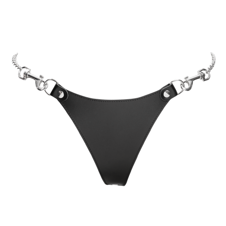 Rimba Bondage Play - Lederen string met afneembare kettingen - Zwart & Zilver