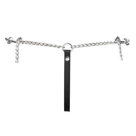 Rimba Bondage Play - Lederen string met afneembare kettingen - Zwart & Zilver