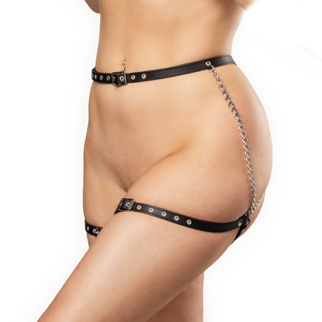 Rimba Bondage Play - Lederen Bondage Harnas met Metalen Kettingen - Zwart & Zilver