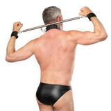 Rimba Bondage Play - Verstelbare spreidstang met nek- en handboeien - Zwart & Zilver