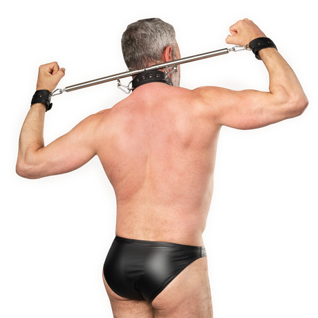 Rimba Bondage Play - Verstelbare spreidstang met nek- en handboeien - Zwart & Zilver