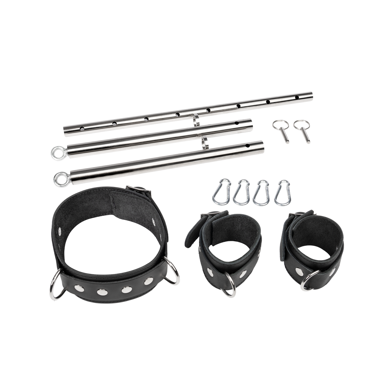 Rimba Bondage Play - Verstelbare spreidstang met nek- en handboeien - Zwart & Zilver