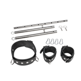 Rimba Bondage Play - Verstelbare spreidstang met nek- en handboeien - Zwart & Zilver