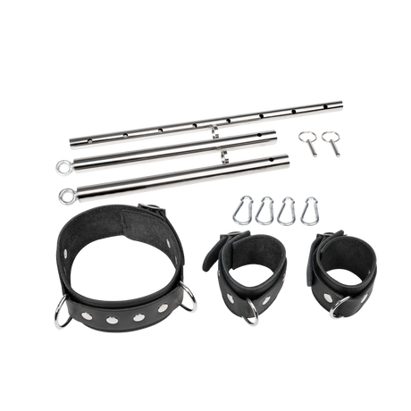 Rimba Bondage Play - Verstelbare spreidstang met nek- en handboeien - Zwart & Zilver