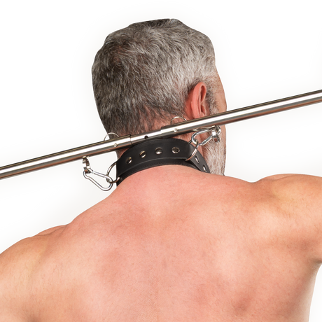 Rimba Bondage Play - Verstelbare spreidstang met nek- en handboeien - Zwart & Zilver
