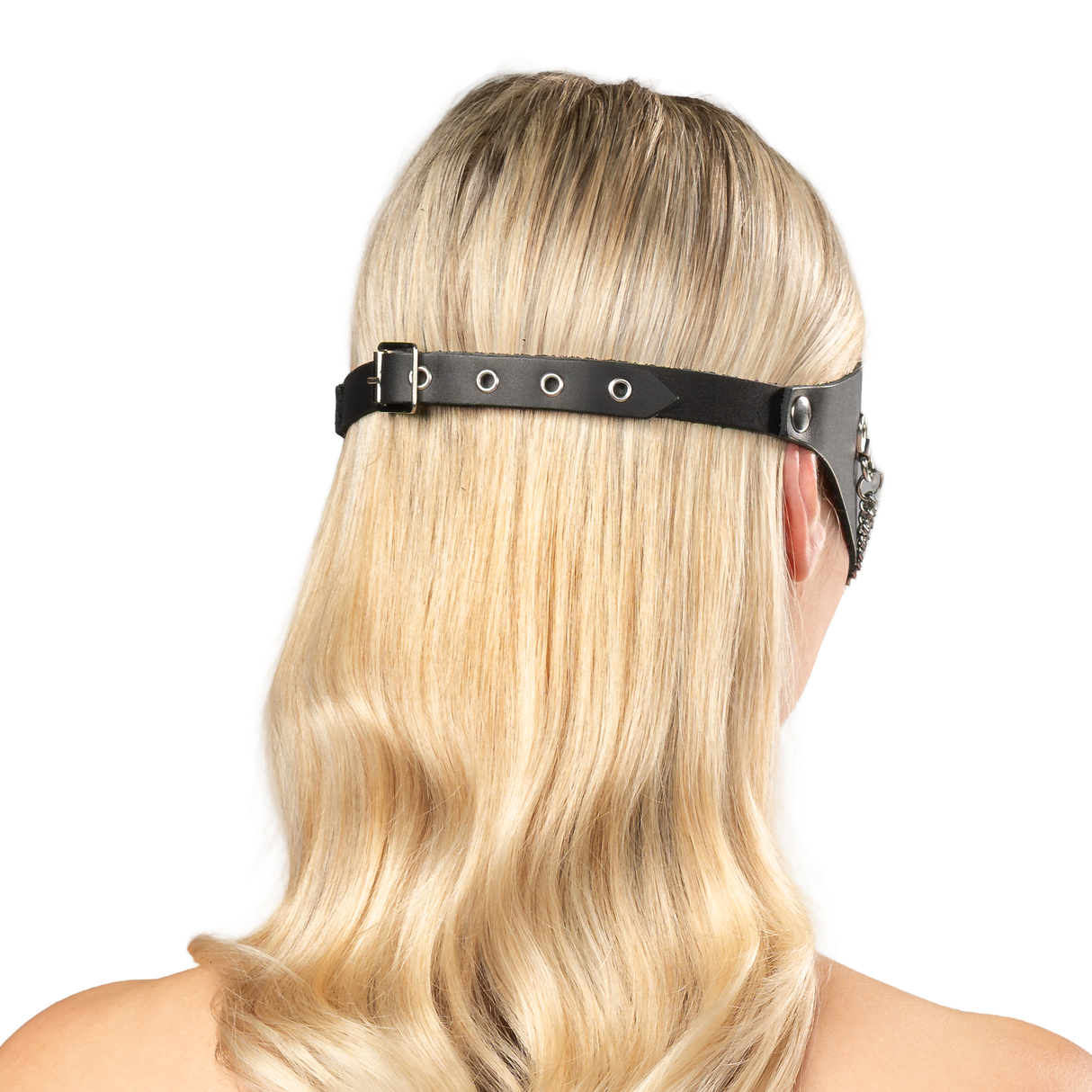 Rimba Bondage Play - Lederen Masker met Kettingdecoratie - Zwart & Zilver