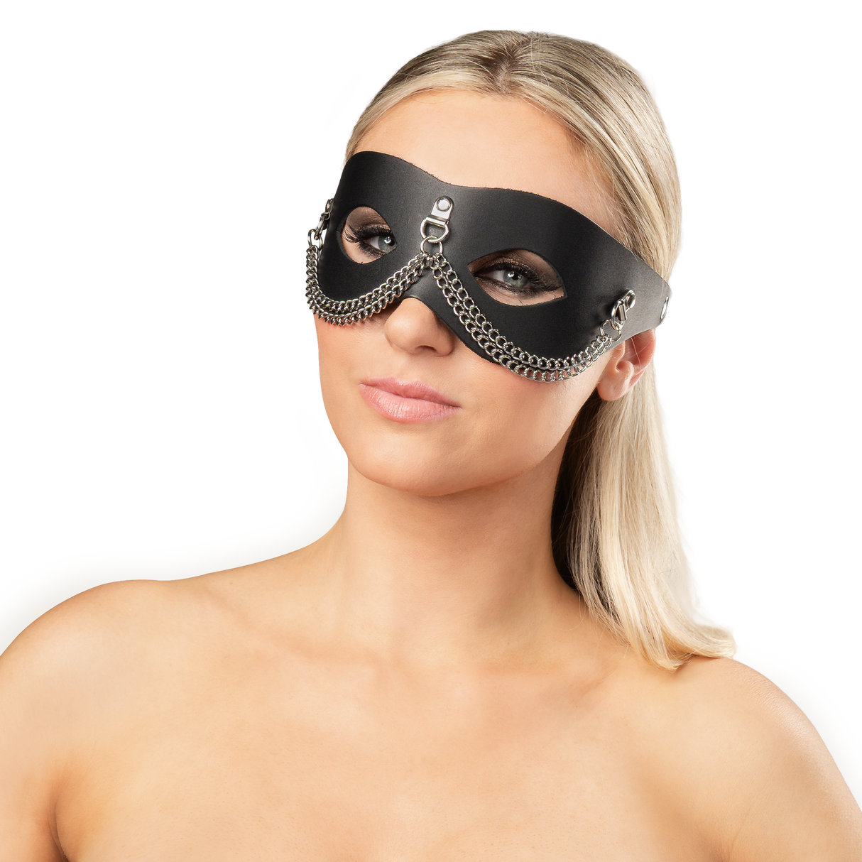 Rimba Bondage Play - Lederen Masker met Kettingdecoratie - Zwart & Zilver