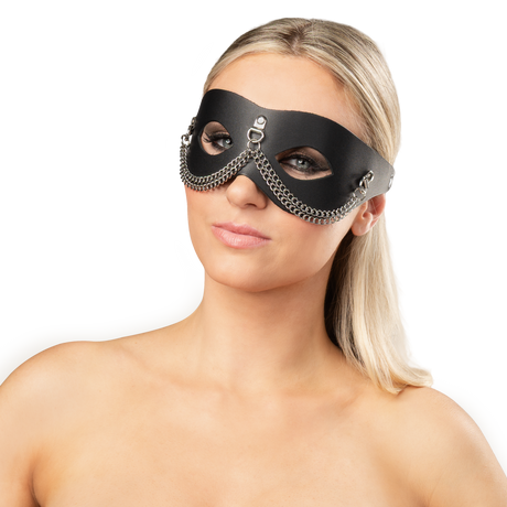 Rimba Bondage Play - Lederen Masker met Kettingdecoratie - Zwart & Zilver