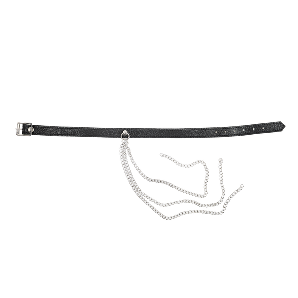 Rimba Bondage Play - Lederen Halsband met Metalen Kettingen - Zwart & Zilver