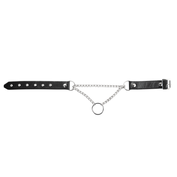 Rimba Bondage Play - Lederen Wurghalsband met O-ring - Zwart & Zilver