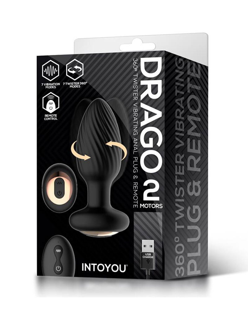 IY - Drago - Buttplug Vibratie, 360° Twister Beweging met Afstandsbediening - Zwart
