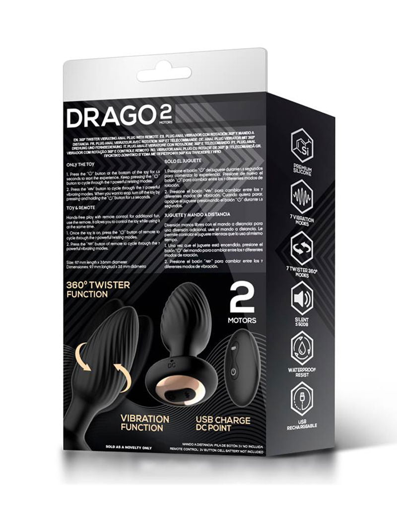 IY - Drago - Buttplug Vibratie, 360° Twister Beweging met Afstandsbediening - Zwart