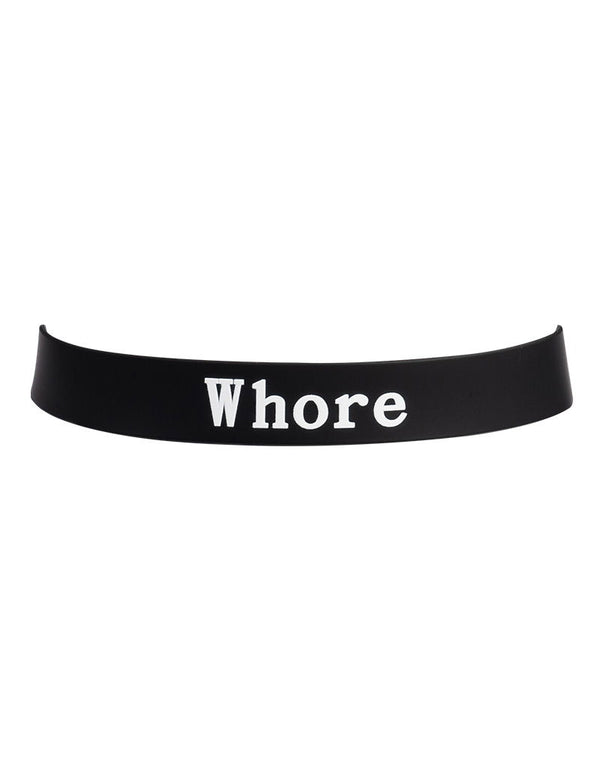 Rimba Latex Play - Halsband met opschrift 'Whore' - Zwart & Wit