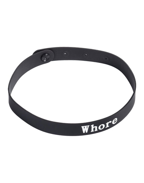 Rimba Latex Play - Halsband met opschrift 'Whore' - Zwart & Wit