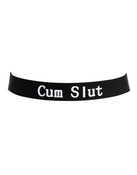 Rimba Latex Play - Halsband met opschrift 'Cum Slut' - Zwart & Wit