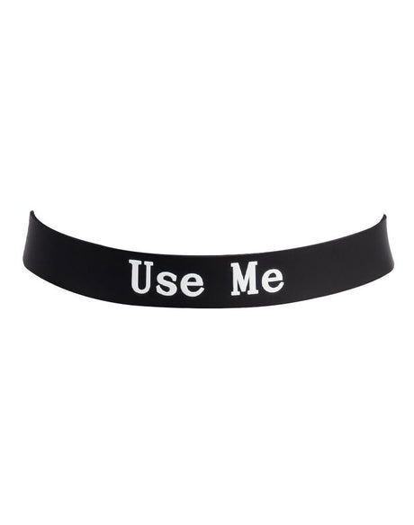 Rimba Latex Play - Halsband met opschrift 'Use Me' - Zwart & Wit