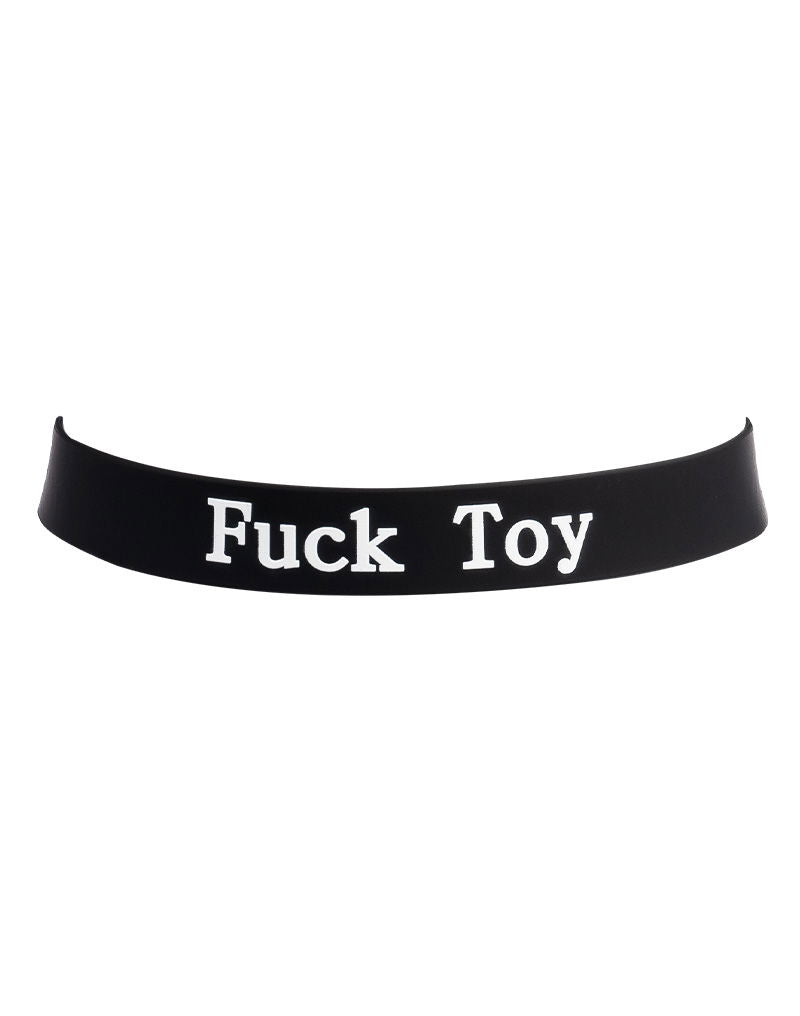 Rimba Latex Play - Halsband met opschrift 'Fuck Toy' - Zwart & Wit