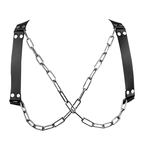 Rimba Bondage Play - Lederen Borstharnas met Kettingen - Zwart & Zilver
