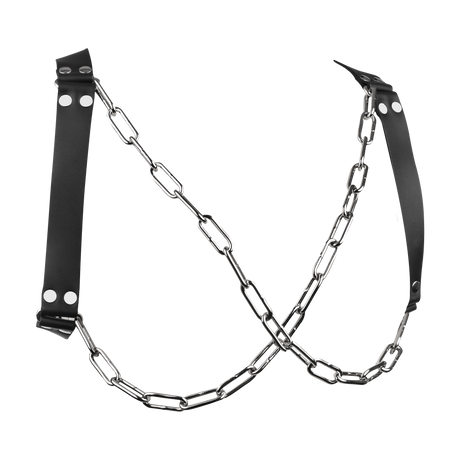Rimba Bondage Play - Lederen Borstharnas met Kettingen - Zwart & Zilver