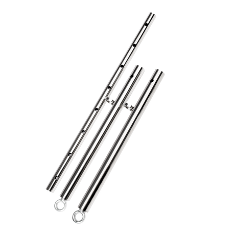 Rimba Bondage Play - Verstelbare spreidstang met nek- en handboeien - Zwart & Zilver