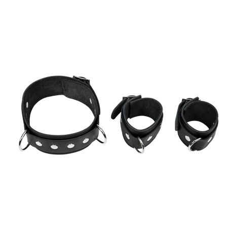 Rimba Bondage Play - Verstelbare spreidstang met nek- en handboeien - Zwart & Zilver