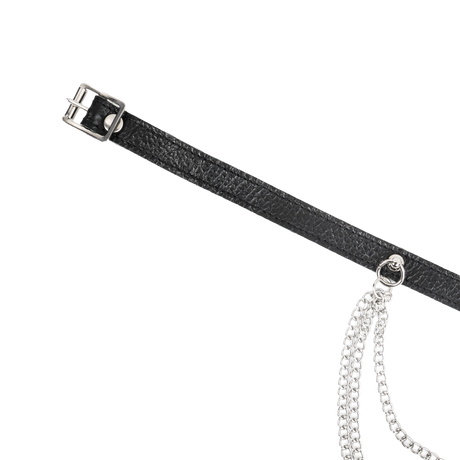 Rimba Bondage Play - Lederen Halsband met Metalen Kettingen - Zwart & Zilver