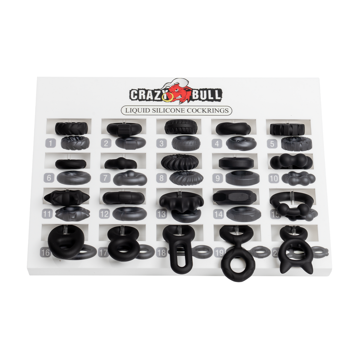 Crazy Bull - Voorbeelddisplay inclusief 20 cockringen - Wit/Zwart