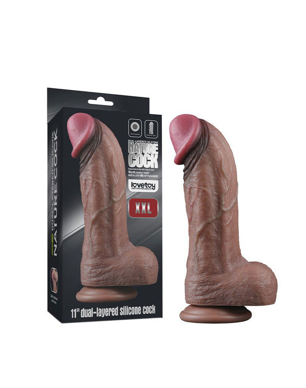 LoveToy - Dubbellaagse siliconen dildo XXL 28 cm (Ø7.4 cm) - Bruin