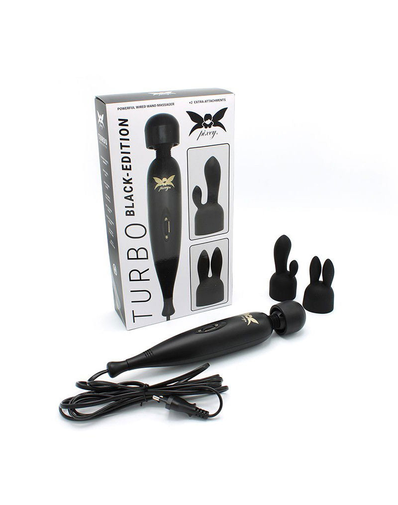 Pixey - Pixey Turbo - Wand Vibrator met 2 Opzetstukken - Zwart