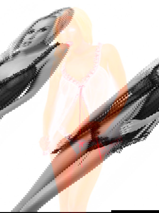 Amorable by Rimba - Babydoll met Slip - One Size - Zwart / Rood