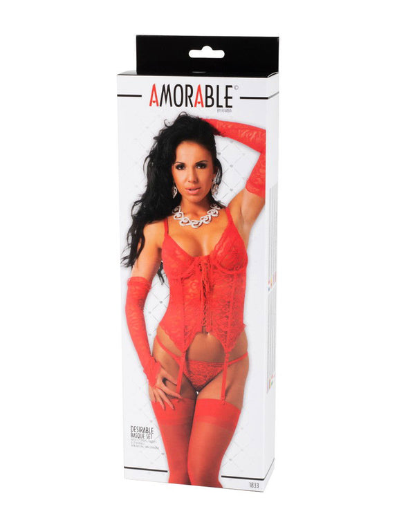 Amorable by Rimba - Corset met G-string, Handschoenen en Kousen - Rood