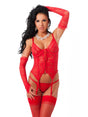 Amorable by Rimba - Corset met G-string, Handschoenen en Kousen - Rood